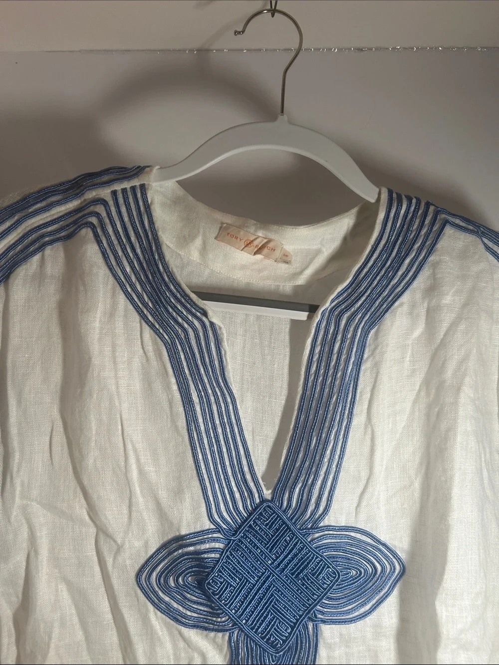 New Tory Burch White Cover-Up with Blue Embroidered V-Detail